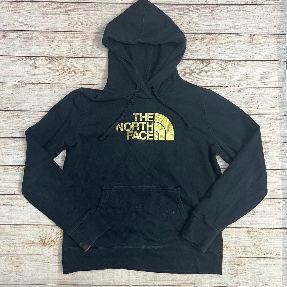 The North Face Hoodie Womens Medium Black Gold Logo Pullover Sweatshirt Gorpcore